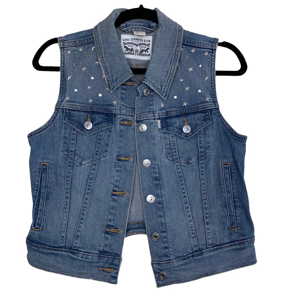 Levi’s Distressed Star Stud Embellished Cropped Light Denim Jean Vest Jacket S